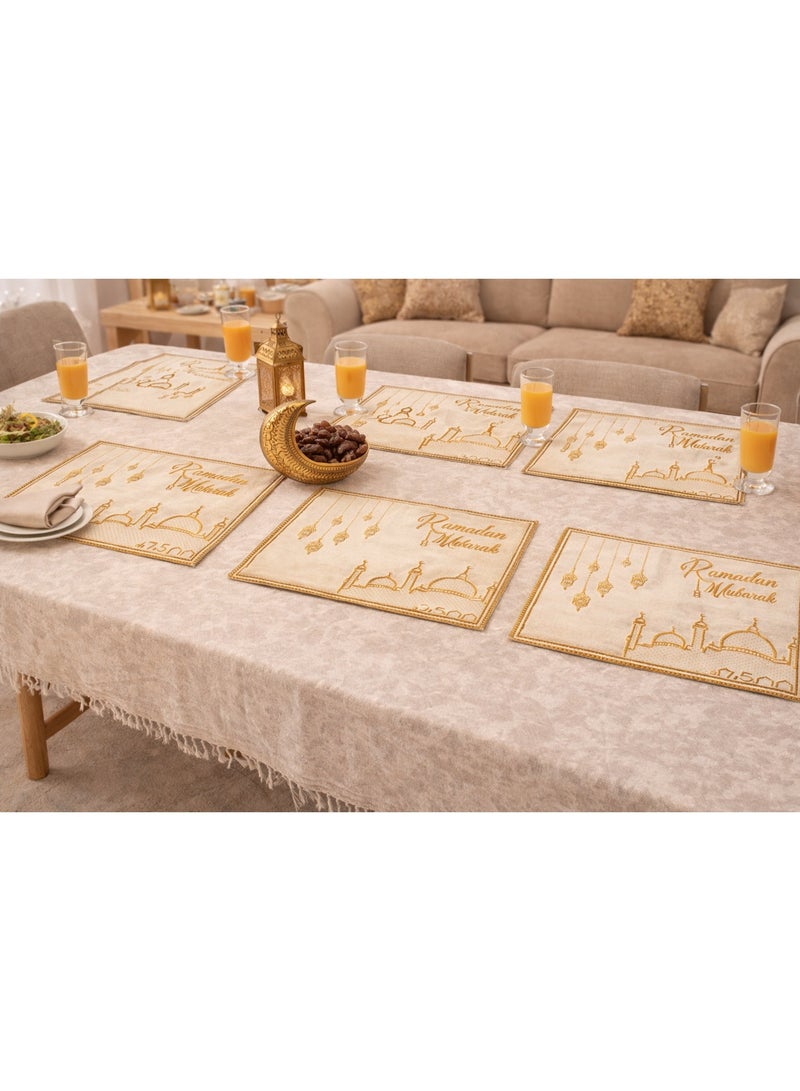 طقم 6 قطع كوسترات مفرش صينية مستطيل 47.5×30 سم – ديكور منزلي وديكور رمضاني فاخر بطباعة ذهبية - Image 1